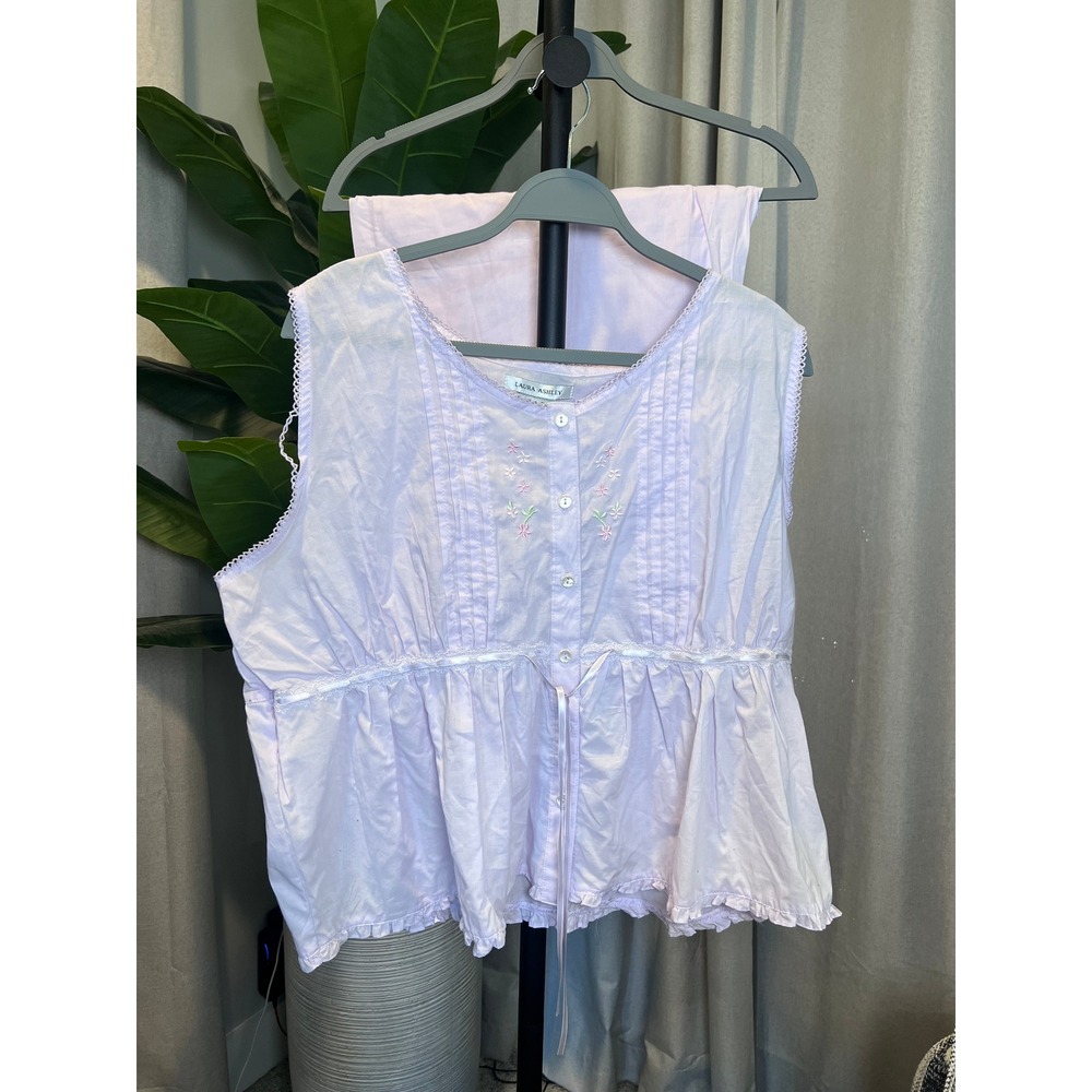 Laura Ashley Womens XL Lilac Snow Cotton Pajama Set Floral Lace Trim 2PC 24325